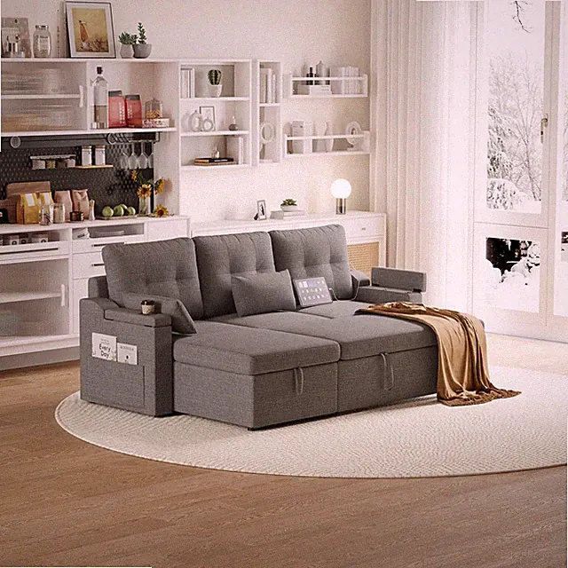 ✅Sofa Couch with Storage L Shaped Sectional SofaCoch with Pullout Bed Type-C Por