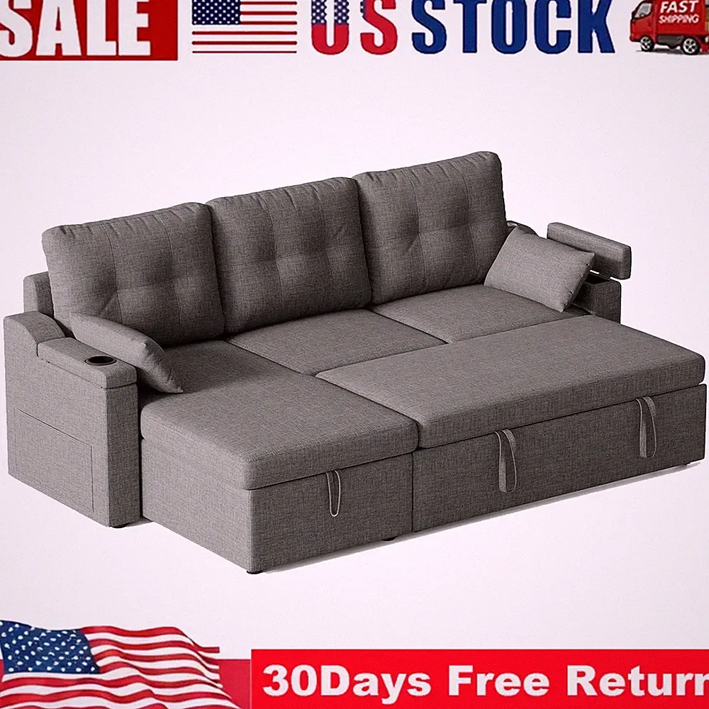 Sofa Couch with Storage, Modern L-Shaped Sectional SofaCoch with Pullout Bed