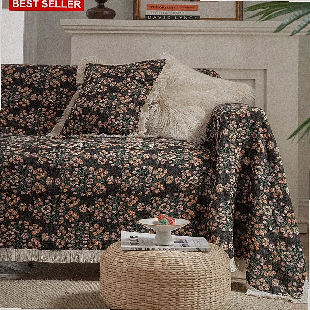 Sofa Cover Sectional 91x118 In Floral Jacquard Fringe Couch Guard Black Vintage