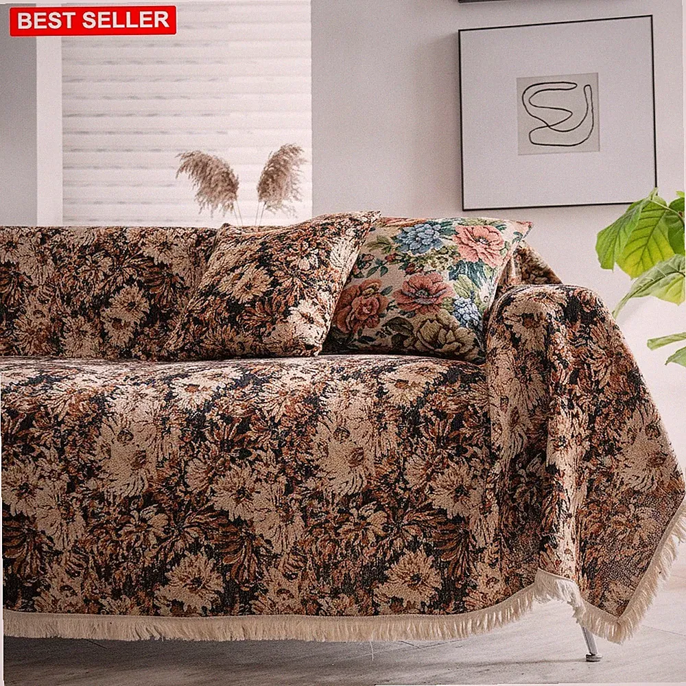 Sofa Cover Sectional 91x118 In Floral Jacquard Fringe Couch Guard Coffee Brown
