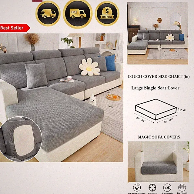 Sofa Cover Stretch Slipcover for Sectional Couch Large Gray Washable Anti Slip