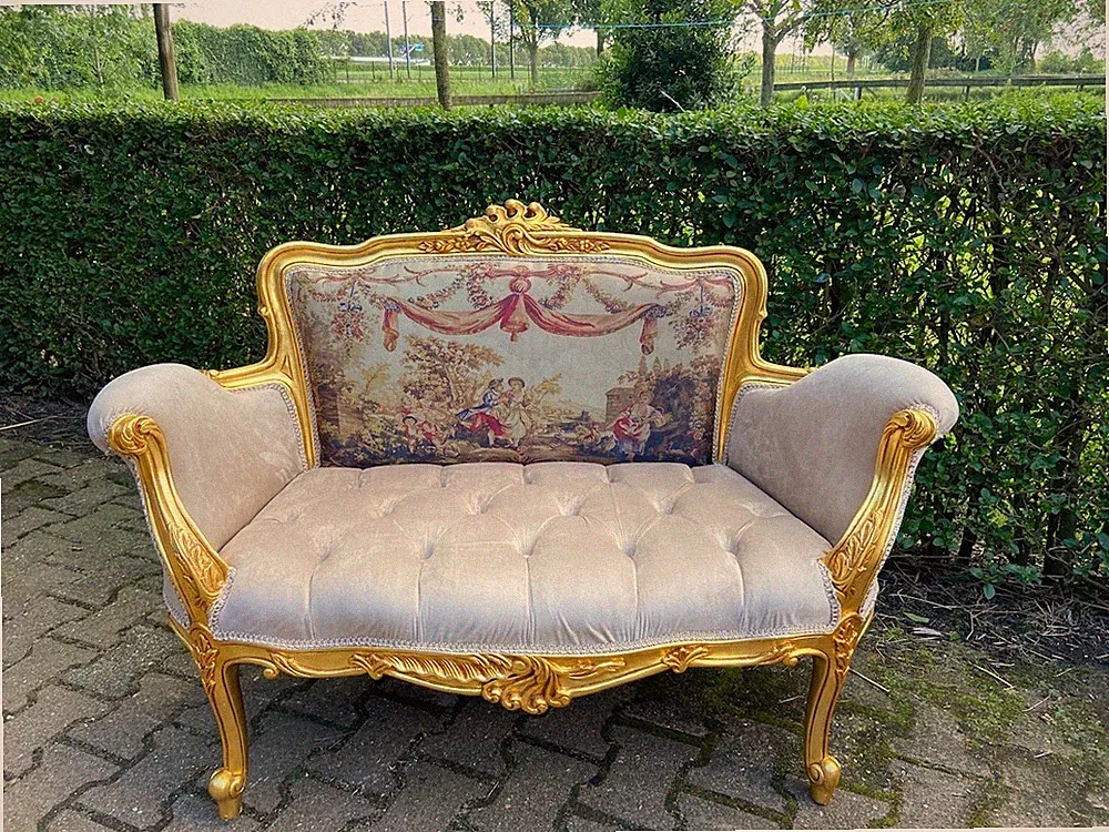 Sofa French Louis XVI Beige Velvet Gold Frame Scenic Fabric Settee Couch