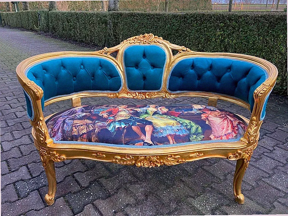 Sofa French Louis XVI Corbeille Blue Velvet Gold Scenic Fabric Settee Couch