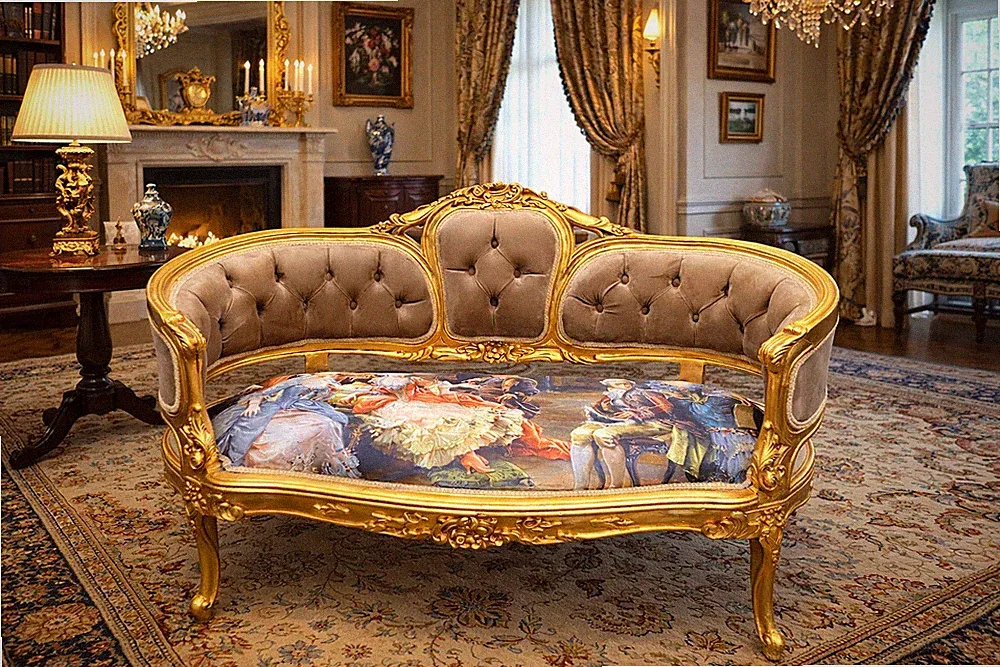 Sofa French Louis XVI Corbeille Gold Gilded Beechwood Tufted Velvet Settee