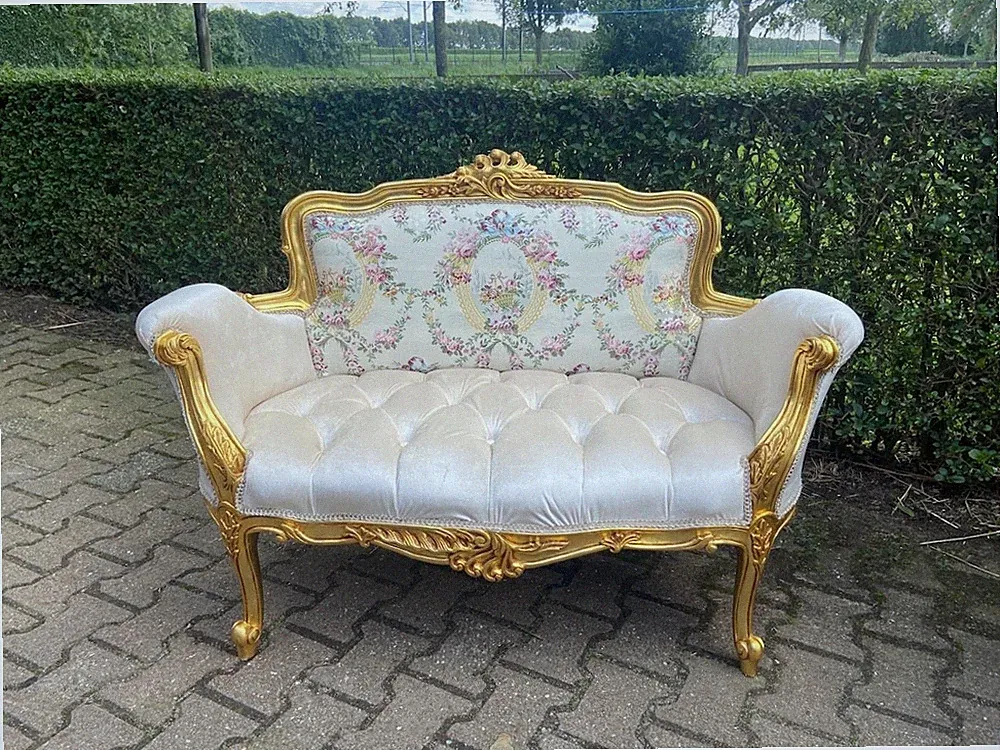 Sofa French Louis XVI Gilded Beech Tufted Velvet Damask Vintage Settee