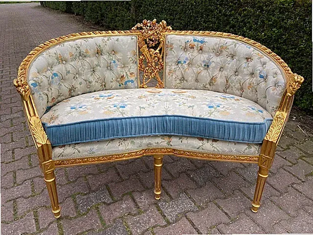 Sofa French Louis XVI Gilded Pistachio Damask Blue Velvet Settee Couch