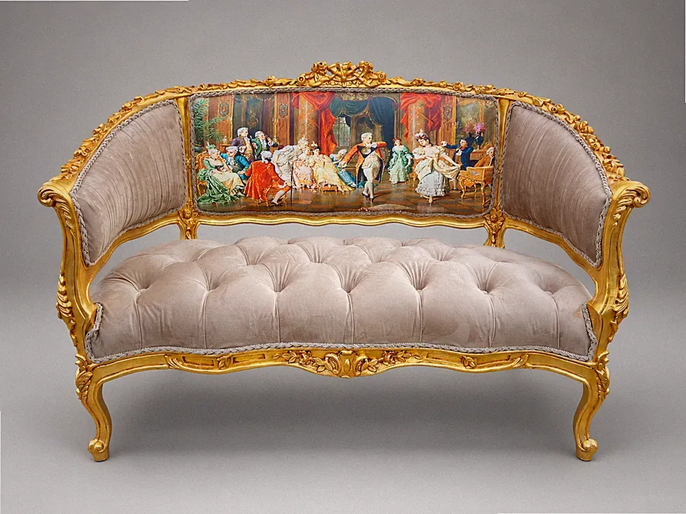 Sofa French Louis XVI Gilt Beech Tufted Velvet Settee Couch 1960s