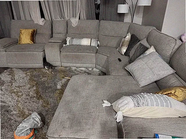 Sofa in good condition we do have a cat in grey does come with pillows