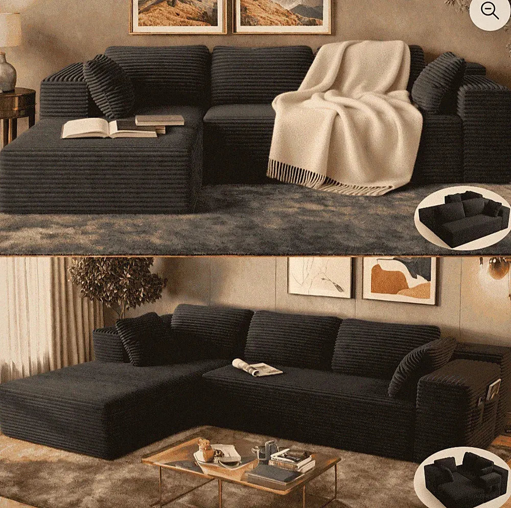 Sofa, Lofka 105" Free Assembly L-Shaped Sectional with Pet Friendly Corduroy...