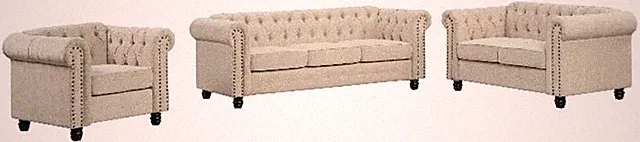 Sofa Loveseat Chair Set, Beige Linen Upholstery, Button Tufted with Nailhead Tri