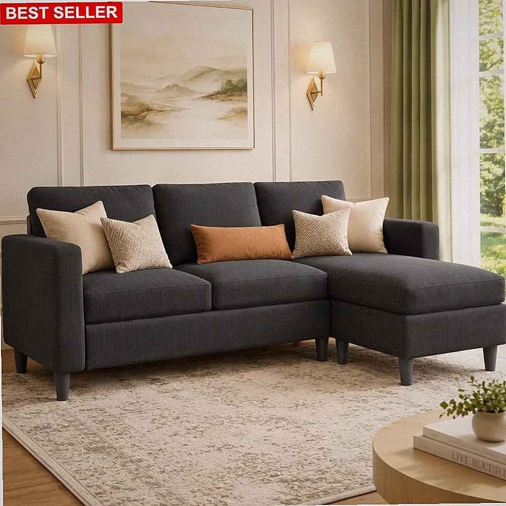 Sofa Modern 3-Seat Reversible Sectional Couch Compact Grey Foam Cushions