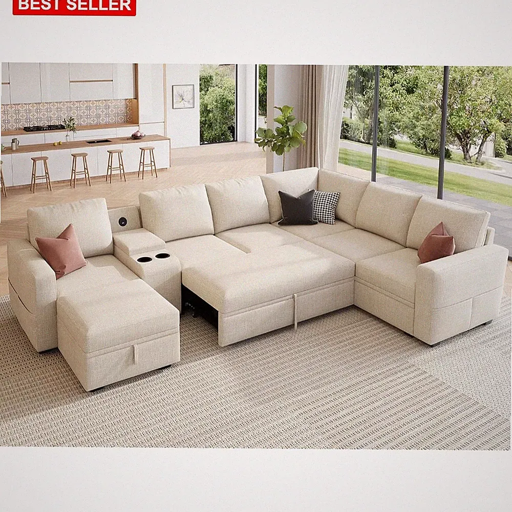 Sofa Modular Sleeper 83In LShaped Couch Sectional Convertible Storage Beige