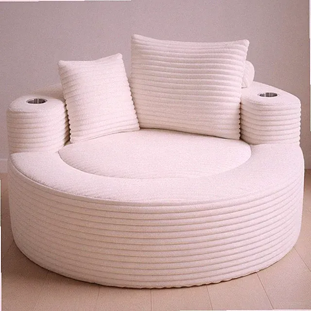 Sofa Round Memory Foam Velvet White with Cup Holder 55 In
