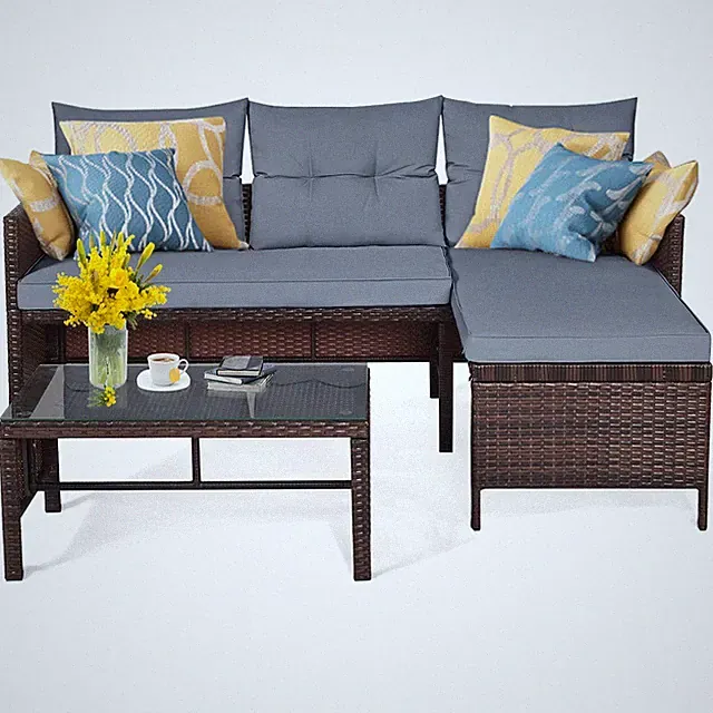 Sofa Seccional De Mimbre Con Mesa y Cojines Juego 3 PCS Patio Exterior En Oferta
