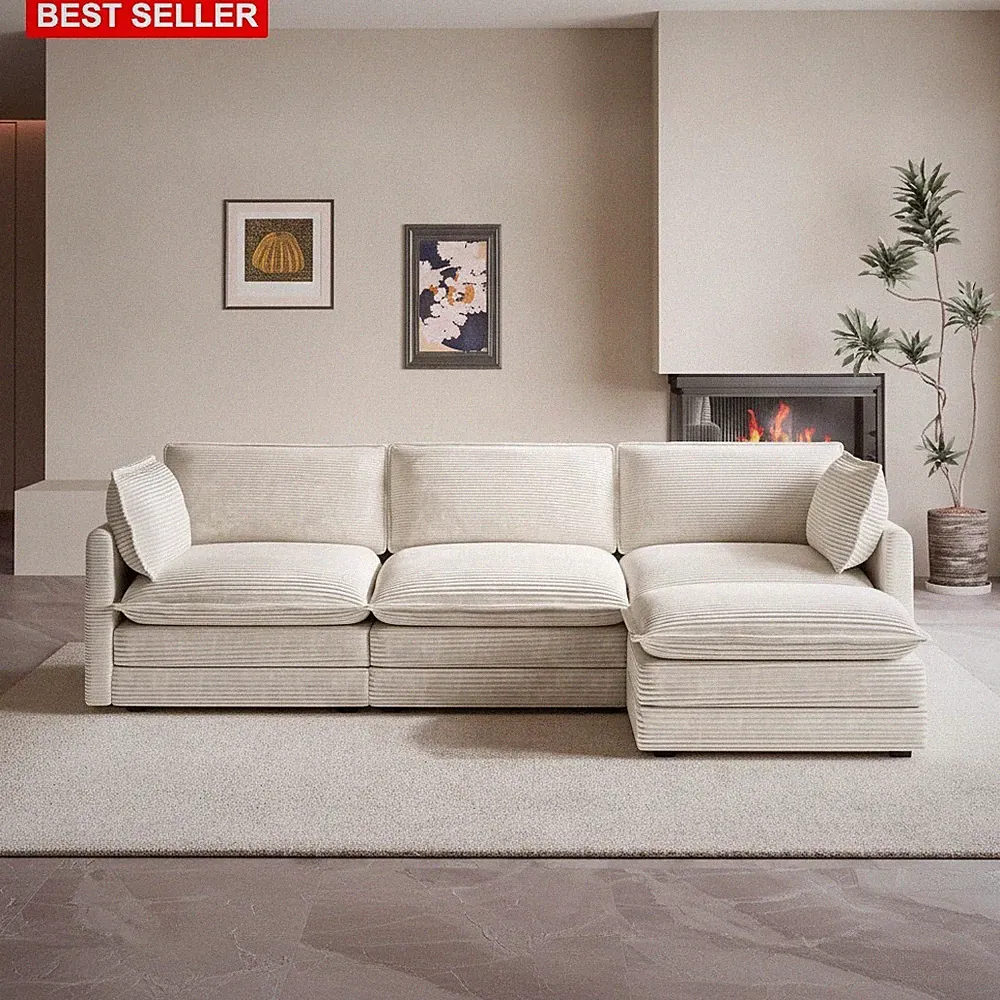 Sofa Sectional 104 Inch Modular L Shape Corduroy Deep Seat Beige Modern