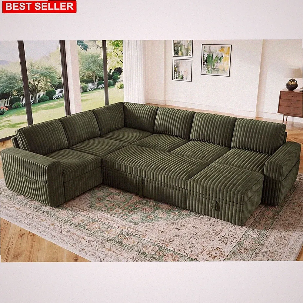 Sofa Sectional 106.2-Inch Green Corduroy Sleeper Convertible Storage Comfortable