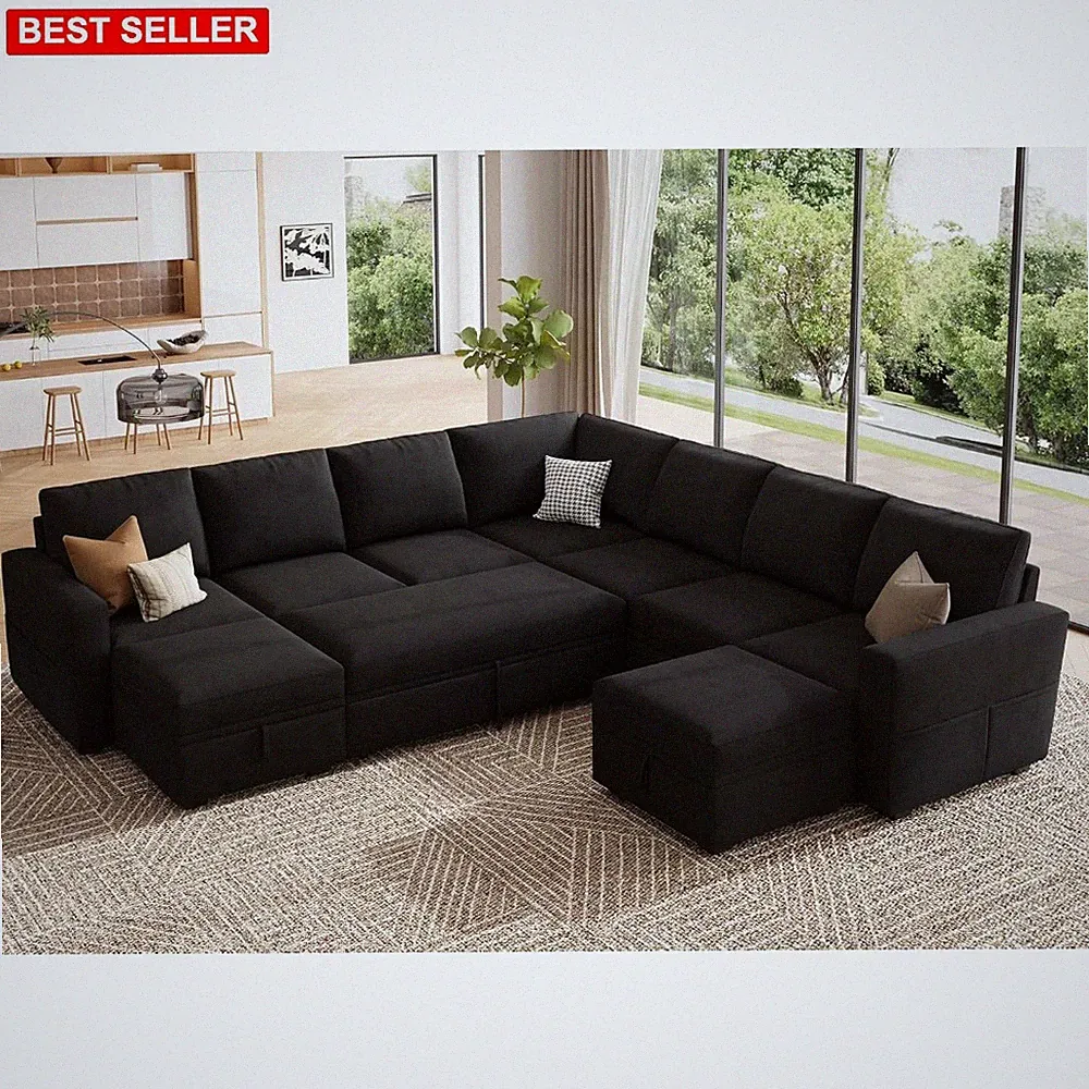 Sofa Sectional 106In Black Polyester Foam Removable Cushions Storage Arm