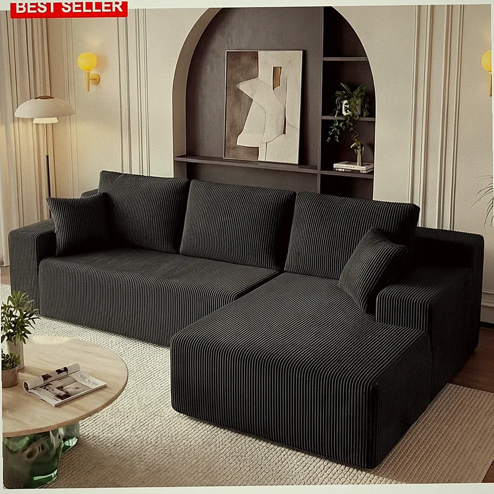 Sofa Sectional Black 96 In L-Shaped Compressed Foam Cushions Modular