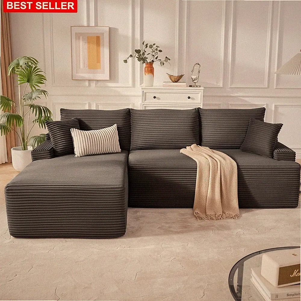 Sofa Sectional Couch 92 Inches L Shape Corduroy Upholstered Foam Lounge