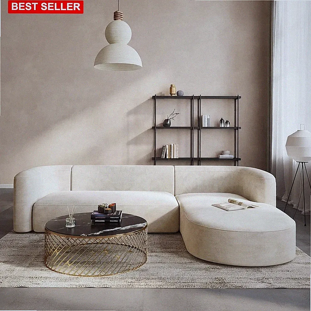 Sofa Sectional L-shape 115 In Velvet Cream Upholstery Living Room Furniture