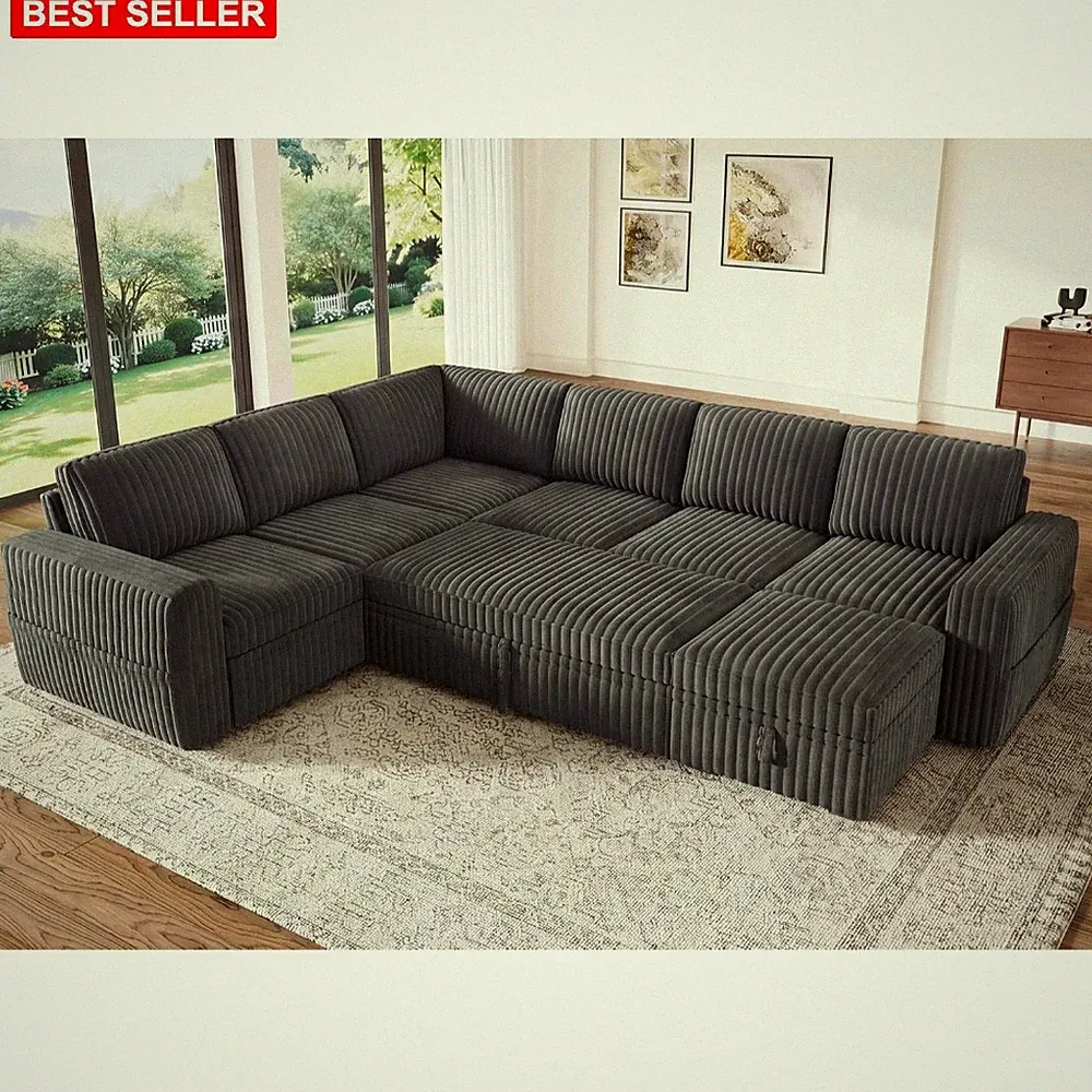 Sofa Sectional Sleeper Bed 83.4 In Dark Grey Upholstery Foam Cushions