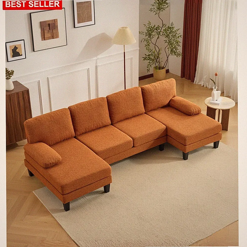 Sofa Sectional U-Shape 111 Inch Orange Chenille Fabric Modern Comfortable Lounge