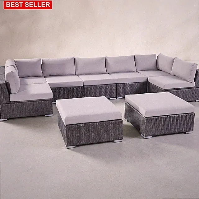 Sofa Sectional Wicker 7 Seater Outdoor Couch Set Polyester Water Resistant Grey
