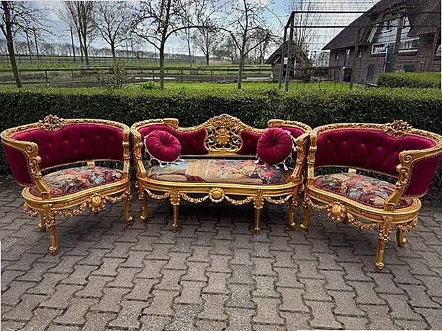 Sofa Set French Louis XVI Gold Beech Burgundy Velvet Scenic Suite
