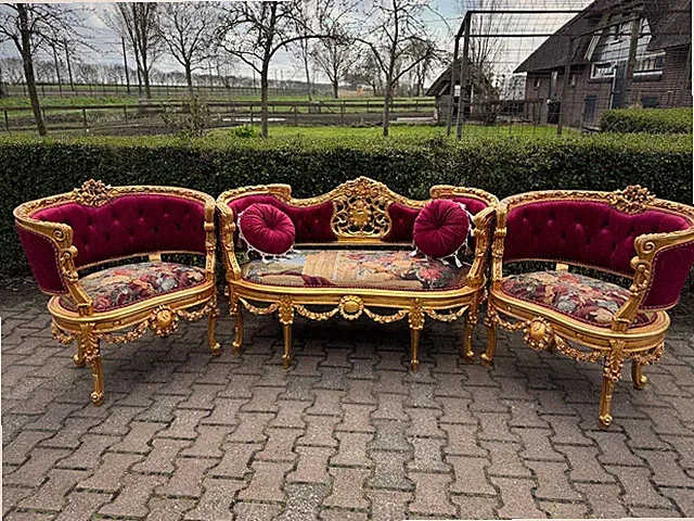 Sofa Set Louis XVI French Gold Gilt Beech Burgundy Velvet Scenic