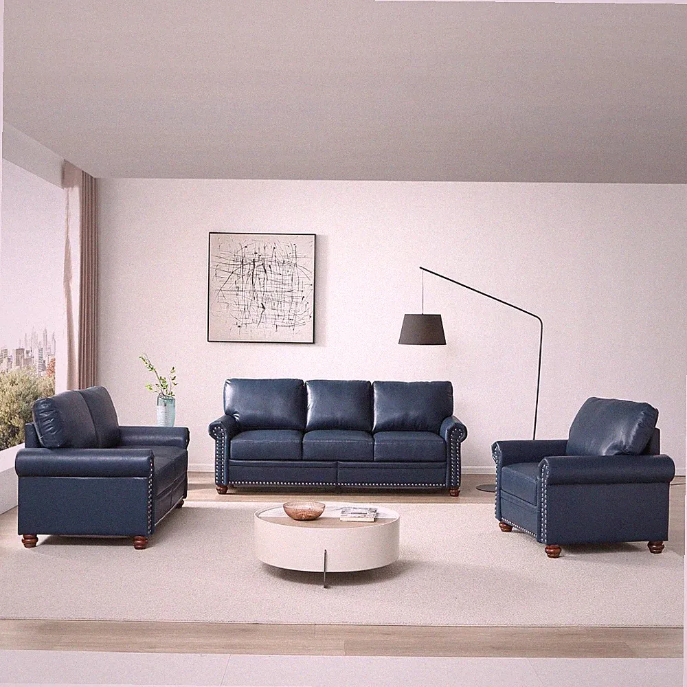 Sofa Set Sectional w/ Storage, Navy Blue Faux Leather, 6 Seats