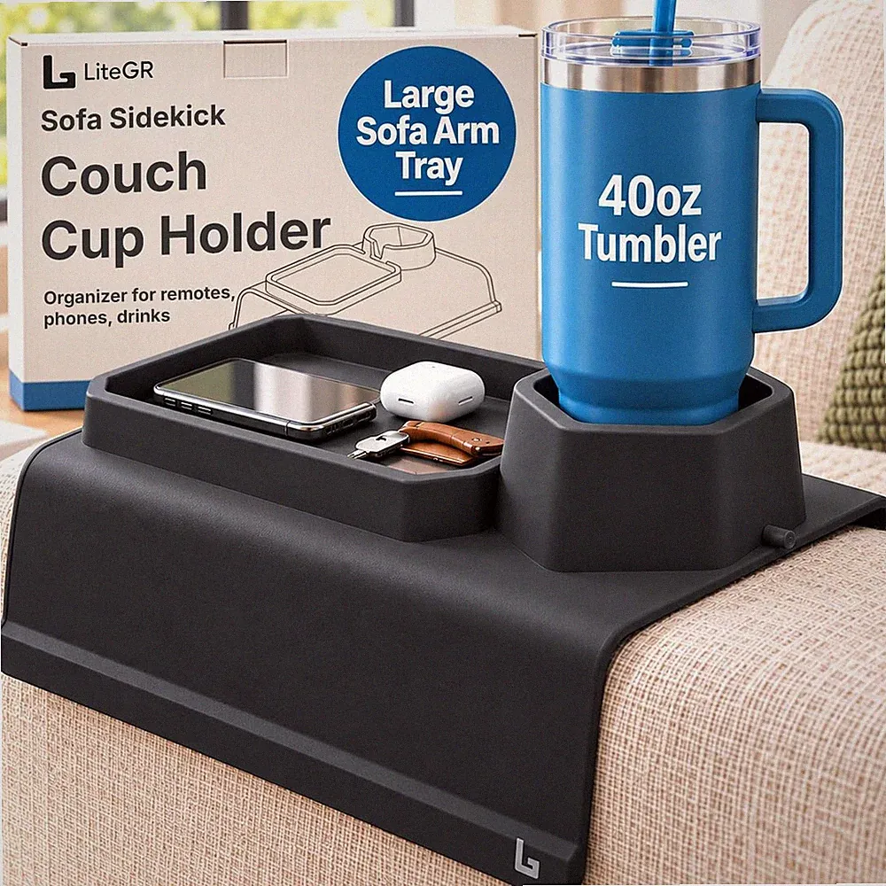 Sofa Sidekick Silicone Couch Cup Holder & Armrest Tray, Black