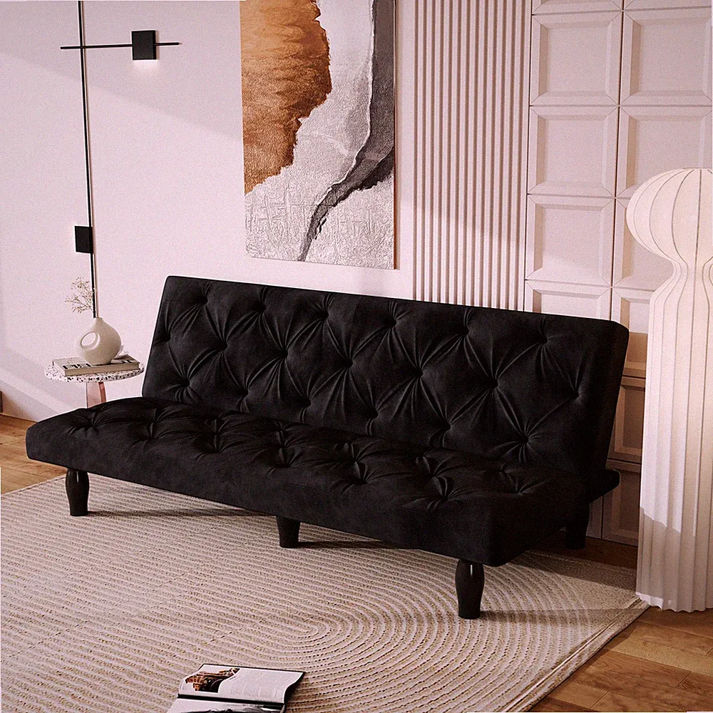 Sofa-to-Bed Evolution: 66" Black Velvet Sofa Bed Transforms Seamlessly, Ideal