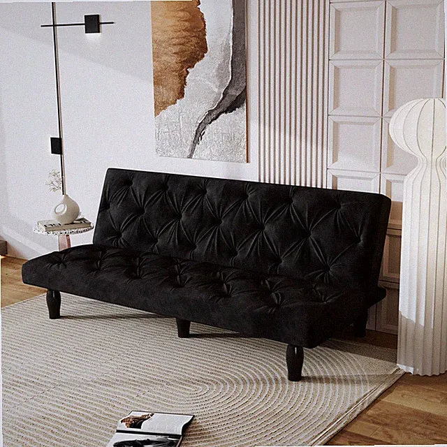 Sofa-to-Bed Evolution: 66" Black Velvet Sofa Bed Transforms Seamlessly, Ideal f