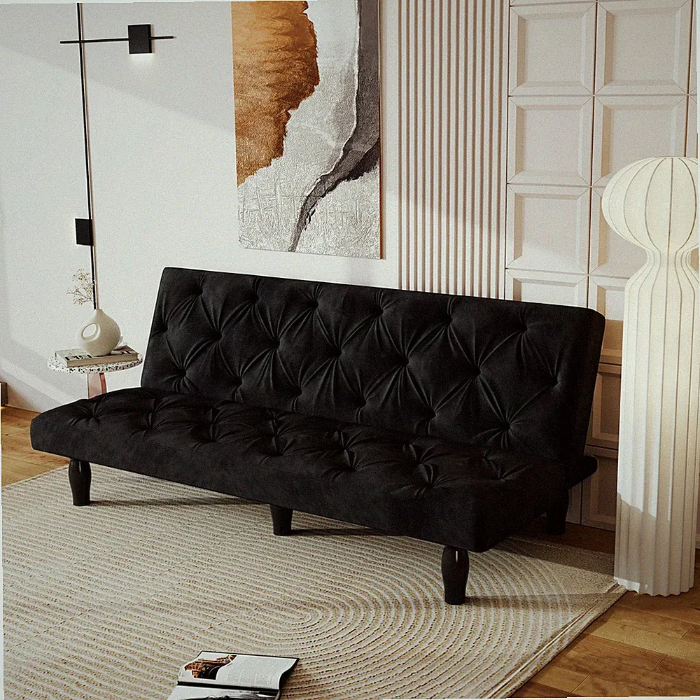 Sofa-to-Bed Evolution: 66" Black Velvet Sofa Bed Transforms Seamlessly, Ideal fo