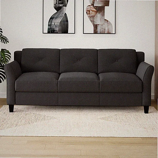 Sofa with Curved Arms and Black Upholstery. (EASY ASSEMBLE!)