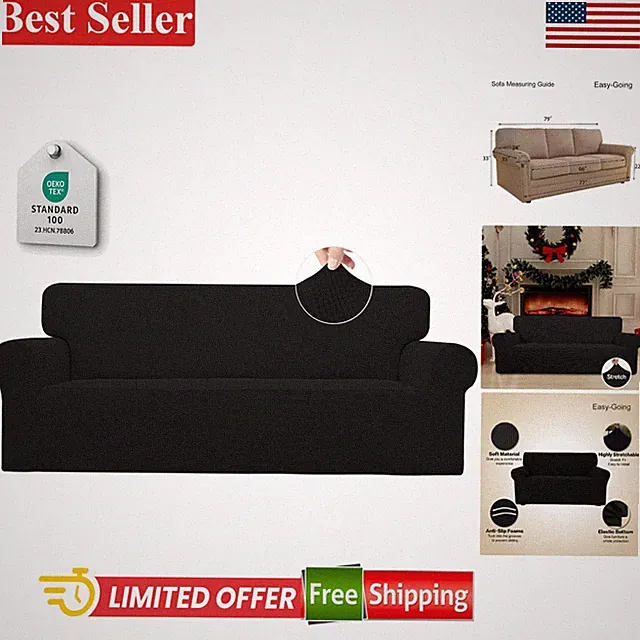 Soft and Comfortable Black Jacquard Sofa Slipcover - For Kid-Proofing Your Couch