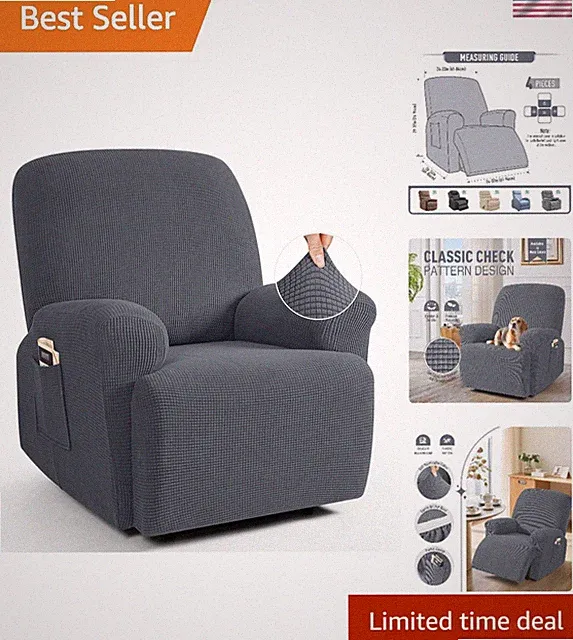 Soft and Durable Grey Recliner Chair Covers - 4-Piece Set with Storage Pockets