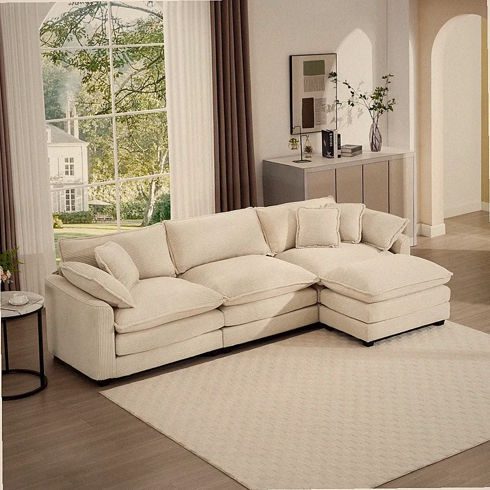 Soft Beige Corduroy Sectional W/ Ottoman, 3-Seat Sofa for Living Room