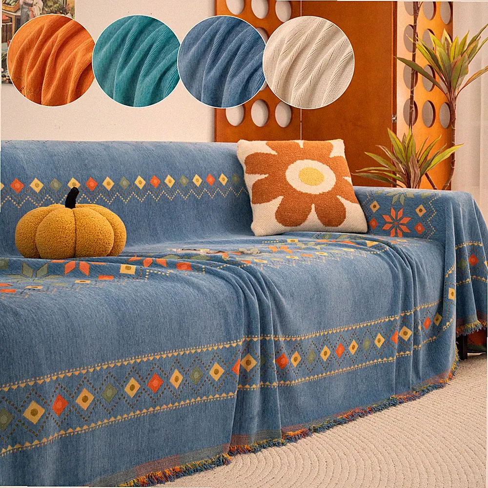 Chenille Boho Couch Cover Washable Jacquard Tassel Sofa Throw Scratch-Resistant