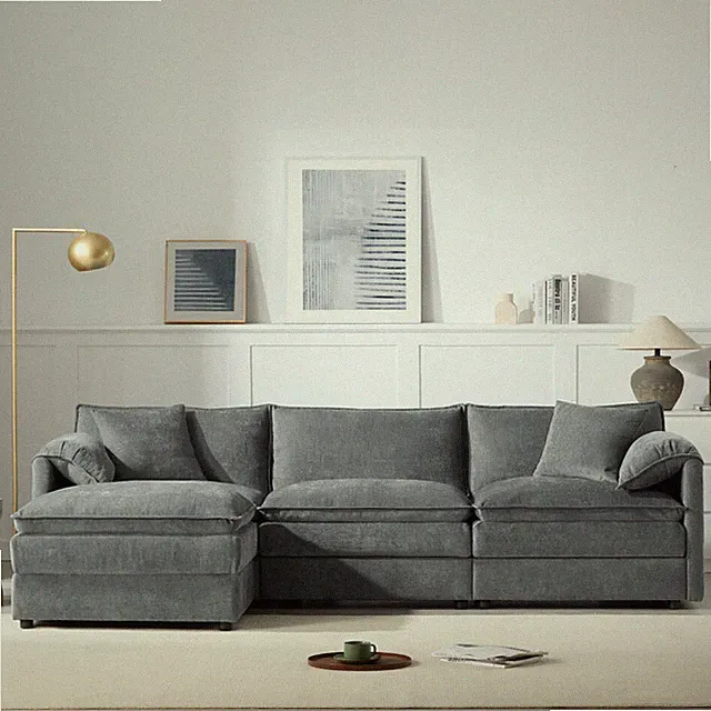 Soft Chenille Cloud Couch 4-Seat Sectional Sofa L-Shape w/ Movable Ottoman