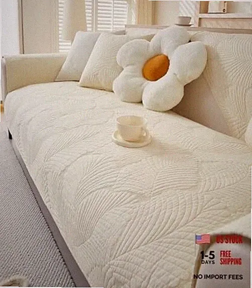 Soft Cotton Quilted Couch Cover Neutral Leaf Embroidery Anti Slip Sectional