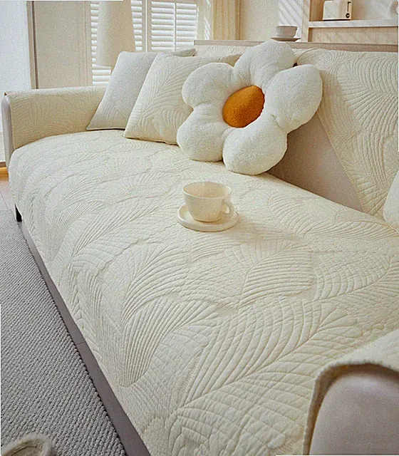 Soft Cotton Quilted Couch Cover Neutral Leaf Embroidery Anti Slip Sectional S...