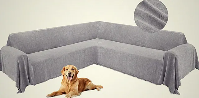 Soft Non-Slip L-Shaped Couch Cover for Dogs with Tassels - Silver Gray 91x252