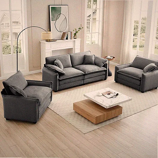 Soft Plush Corduroy Sectional Sofa Set with Comfortable Cushions Grey