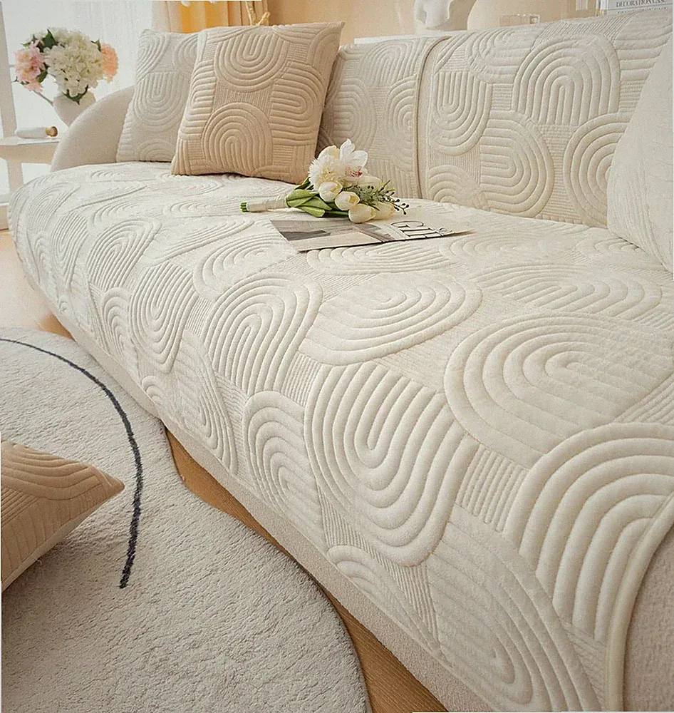 Soft Plush Geometric Quilted Couch Sofa Cover Boho Non Slip Fuzzy Sectional C...