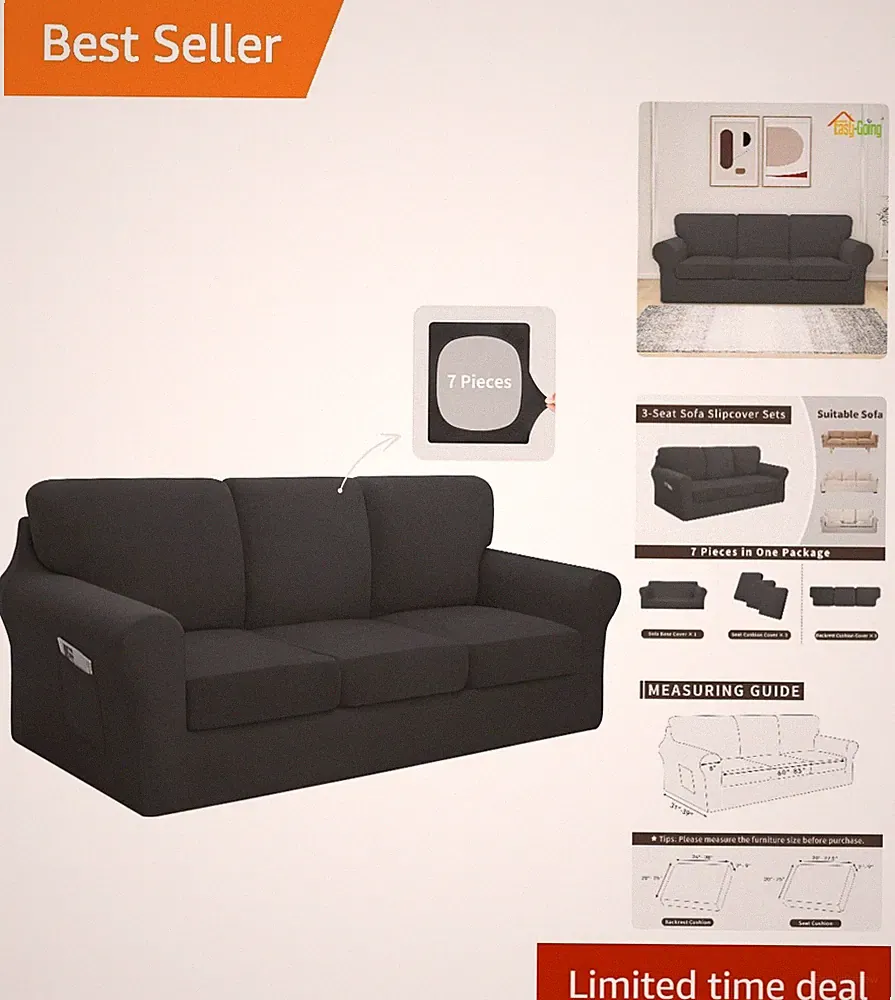 Soft Polyester 7-Piece Stretch Sofa Slipcover in Elegant Dark Grey