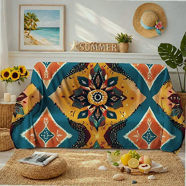 Soft Sofa Towel with Bohemian Floral Pattern 2D-Print Couch Blanket