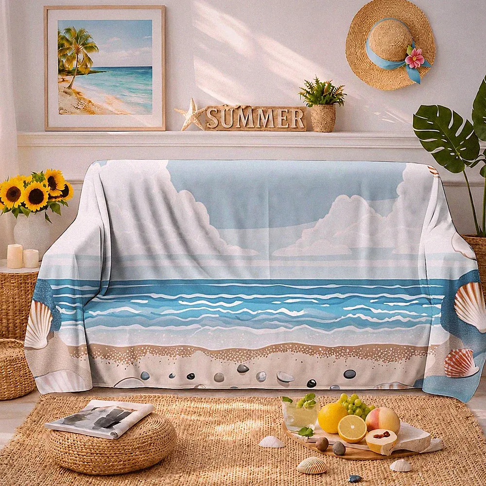 Soft Sofa Towel with Coastal Seashell Beach Pattern 2D-Print Couch Blanket