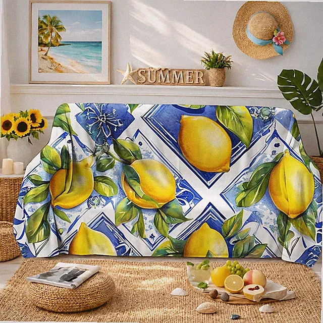 Soft Sofa Towel with Mediterranean Lemon Tile 2D-Print Couch Blanket