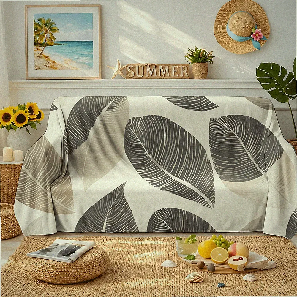 Soft Sofa Towel with Minimalist Grey Tropical Leaf 2D-Print Couch Blanket
